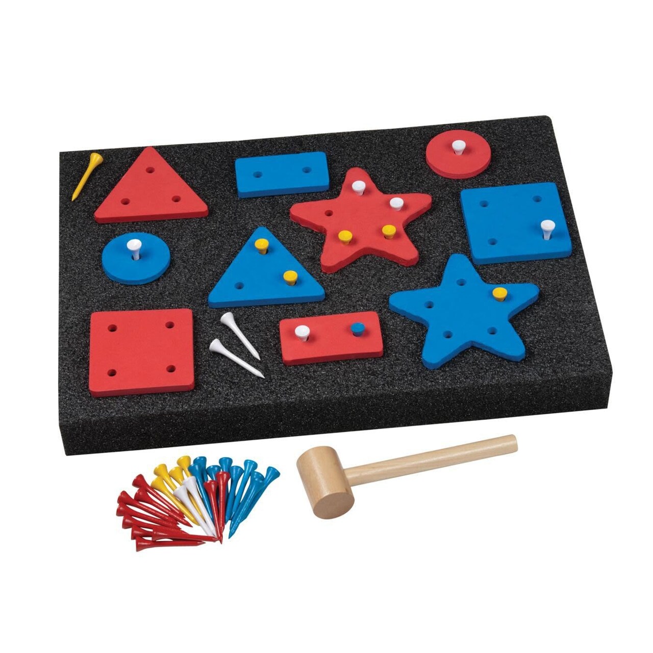 S&S Worldwide Foam Pounding Board Activity Set. Drive Wooden Tees Through Any of 10 Shapes into the Self Healing 12" x 18" Foam Board with the Wooden Mallet. Great Stress Relief Item for Seniors.